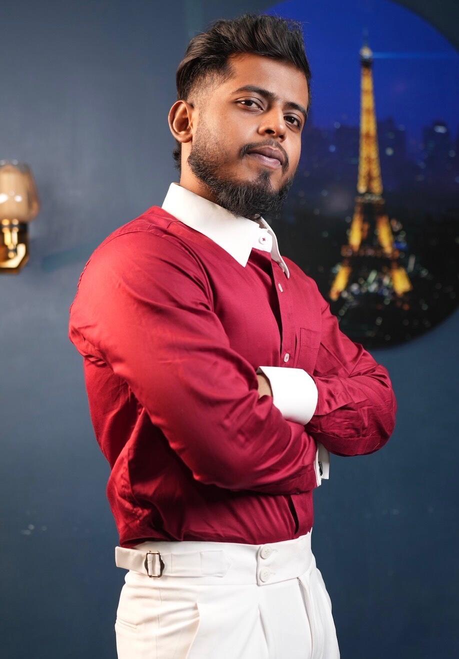 Shouvik wearing the Dignity Maroon Cotton Satin Shirt
