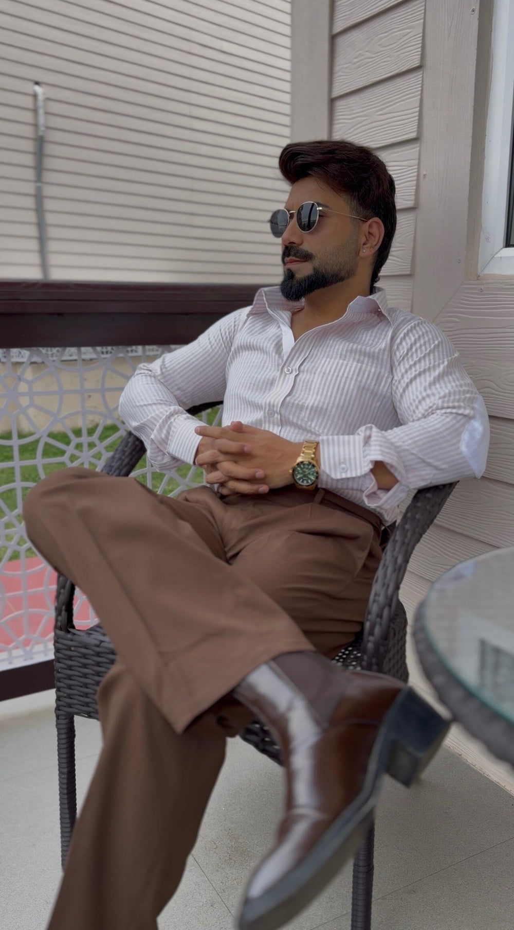 Ankit wearing the Dignity Pink Striped Linen Shirt